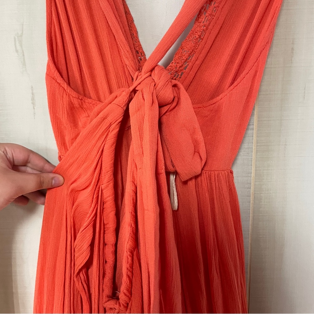 Free People Orange Pink Lacy V Neck Tie Back Maxi Overskirt Dress Sz XS - Picture 7 of 7